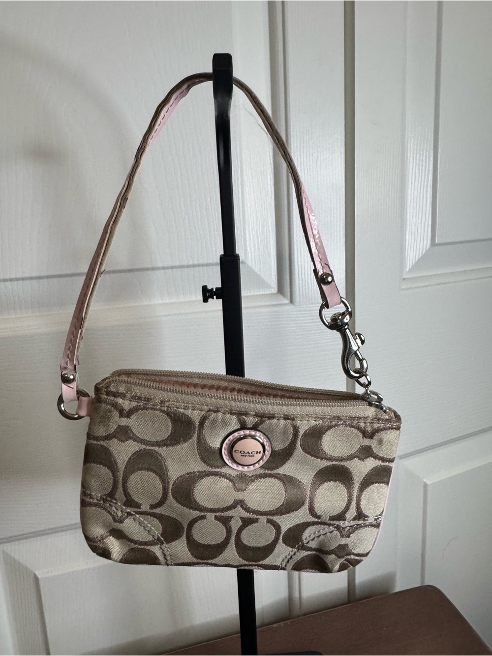 Coach Mini Wristlet in Beige Canvas with Pink Trim
